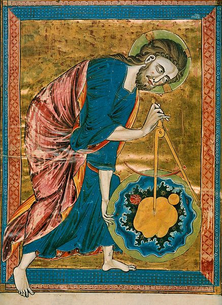 God creating the universe through geometric principles. Frontispiece of the Bible MoralisÃ©e, 1215.
