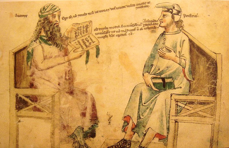 Imaginary debate between Ibn Rushd and Porphyry. Monfredo de Monte Imperiali Liber de herbis, 14th century.