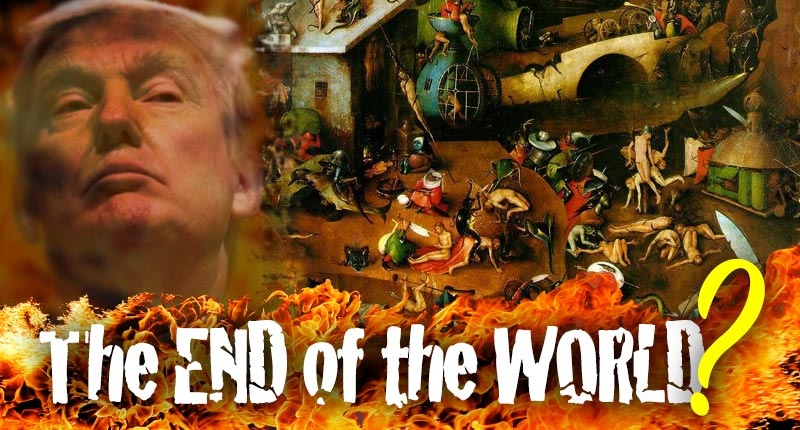 President Trump looms within image of Bosche's Last Judgement and flames. The end of the world?
