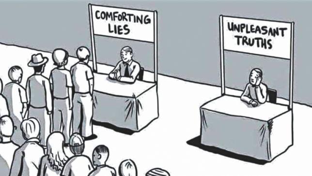 Cartoon: All lined up at "Comforting Lies" desk but no one lined up at "Unpleasant Truths" desk.